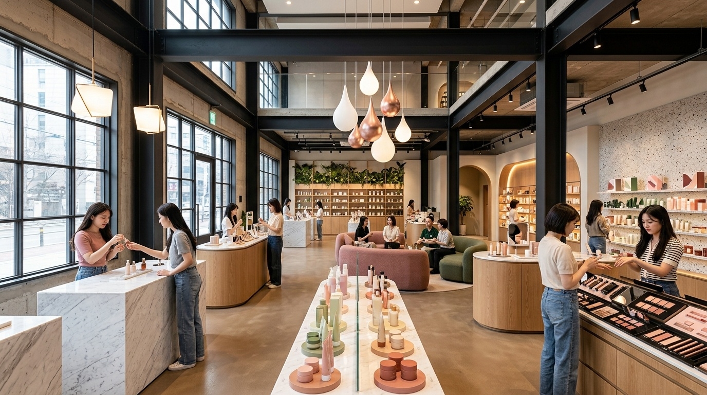 Spacious Korean beauty flagship store interior