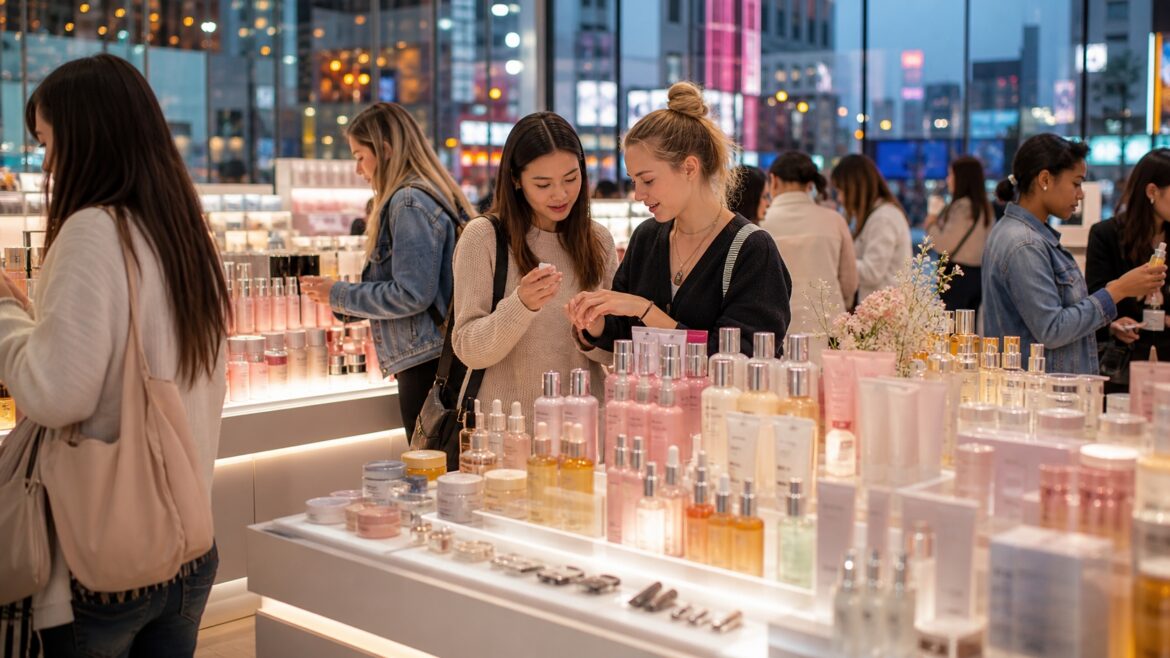 Foreign tourists shopping at a K-beauty store in Seoul