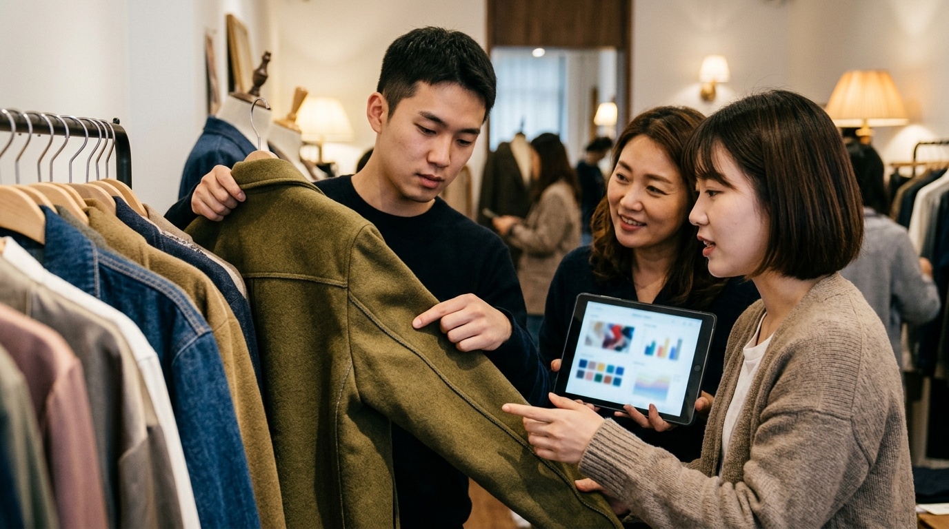 Korean fashion brand team discussing customer feedback in Shanghai