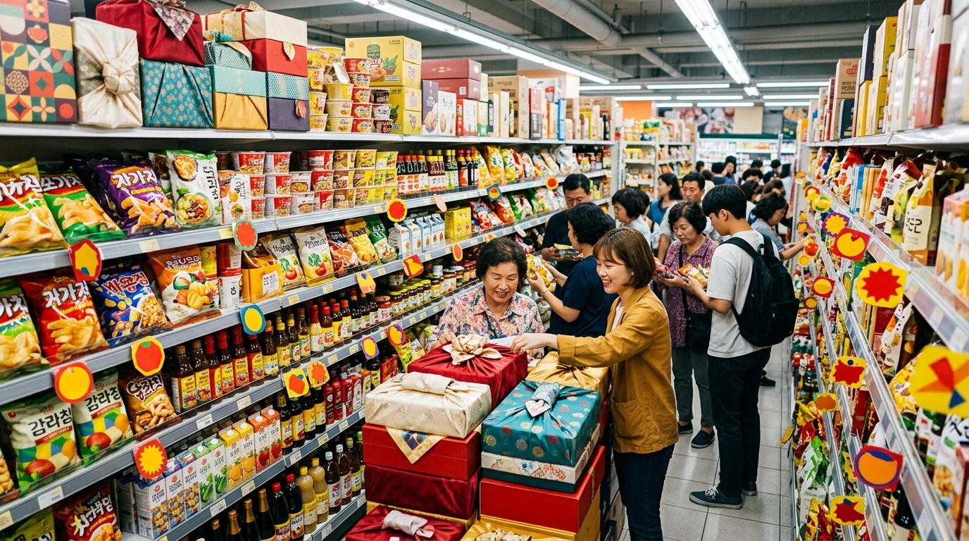 Korean grocery store display with processed foods and Chuseok gift sets