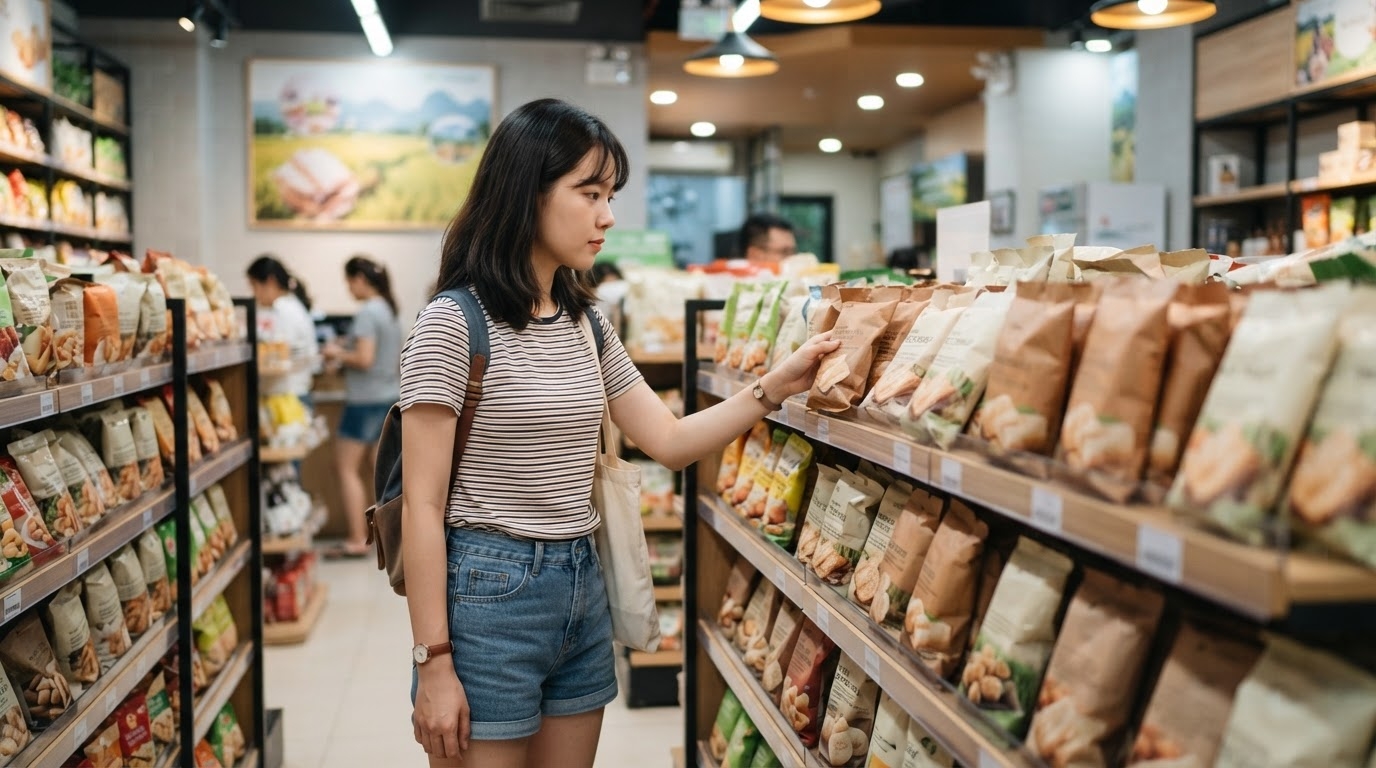 Korean traveler selecting export-only snacks in Vietnam
