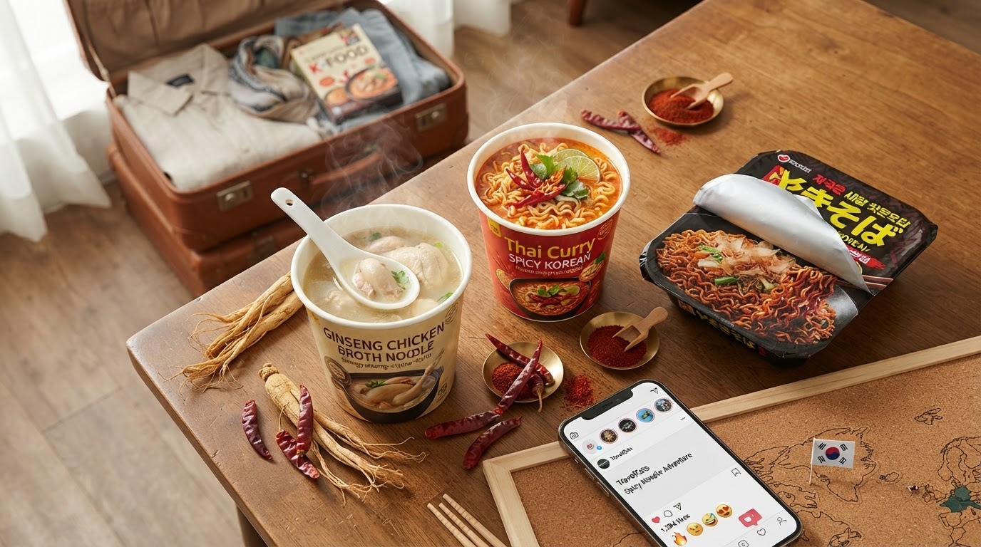 Flat lay of international Korean instant noodle flavors