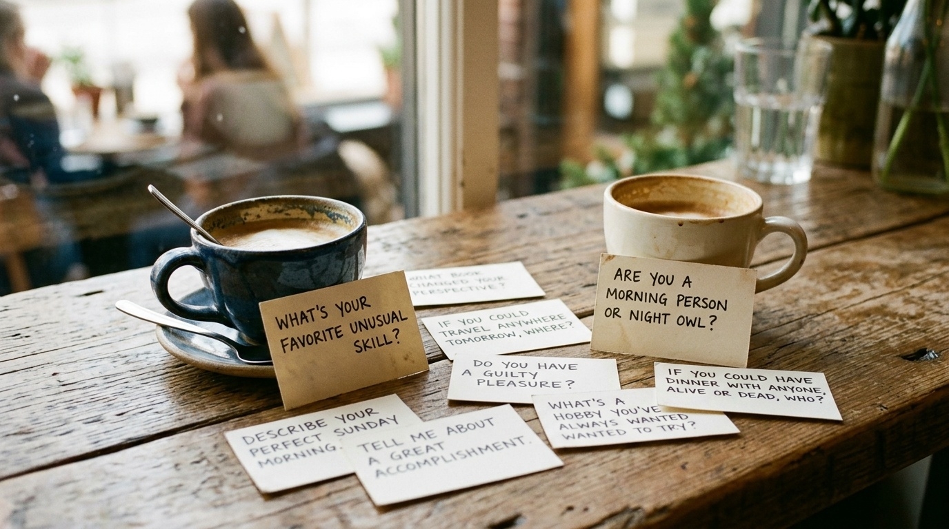 Handwritten question cards on a cafe table for first date conversation