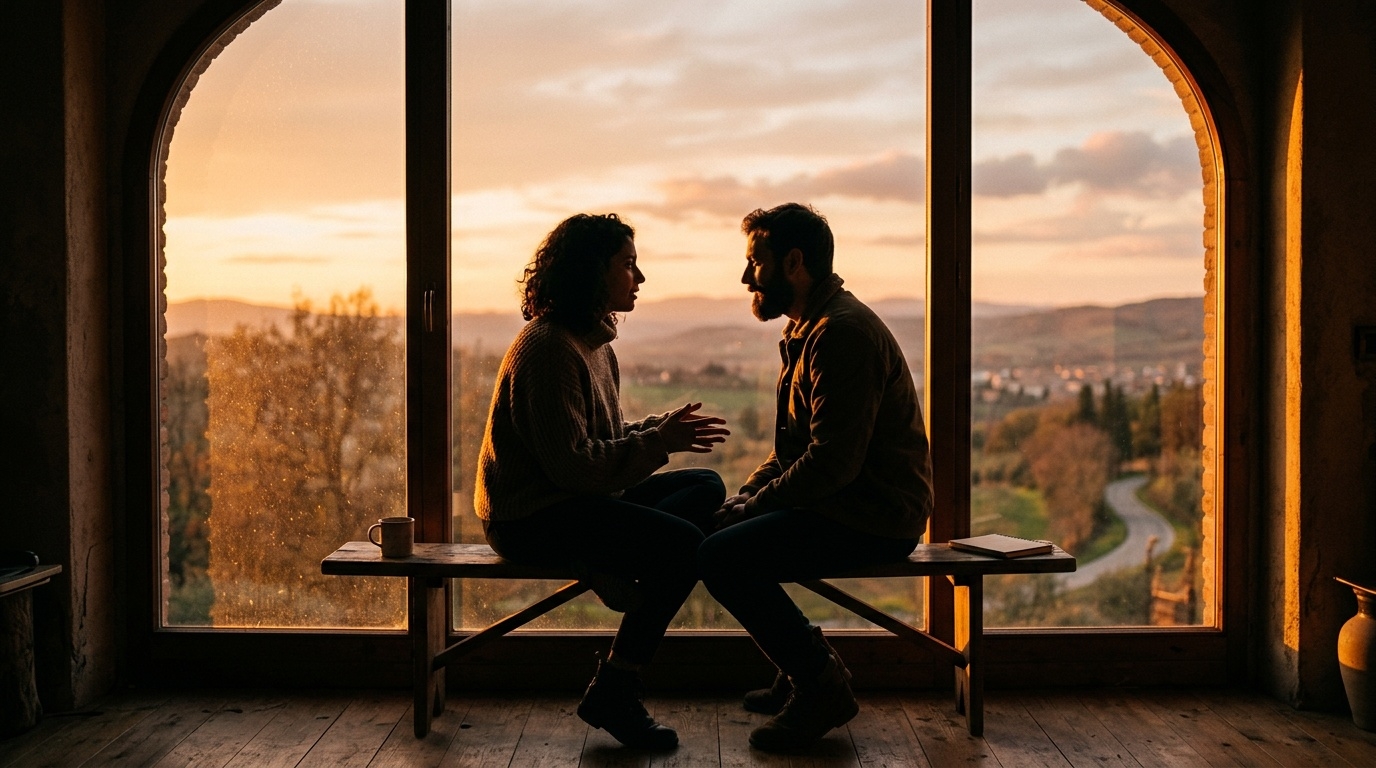 Two people talking at sunset representing deepening emotional connection