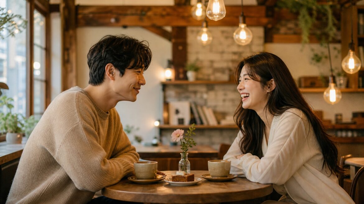 Korean couple on a blind date having conversation at a cafe