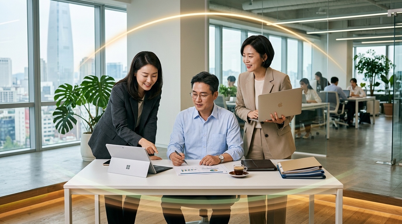 Korean professionals in their forties at work, representing peak labor income years