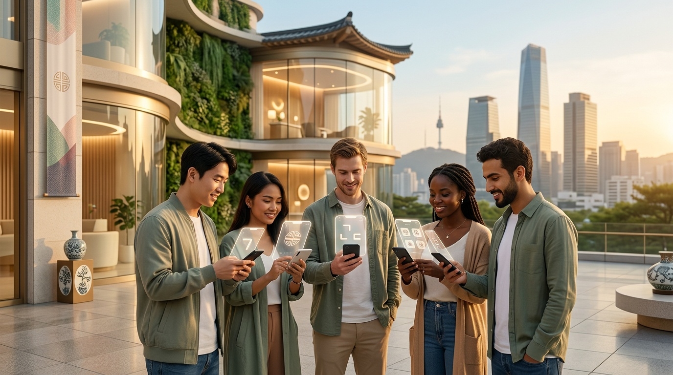 Young international visitors researching Korean healthcare options on their phones