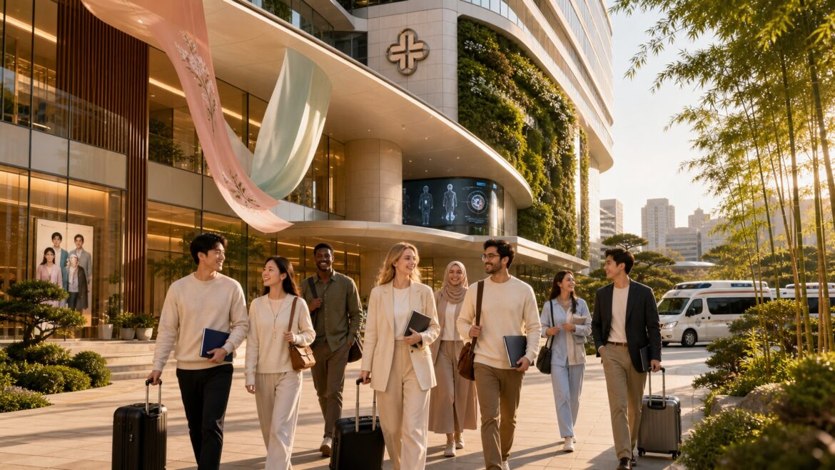 International visitors arriving at a modern Korean hospital