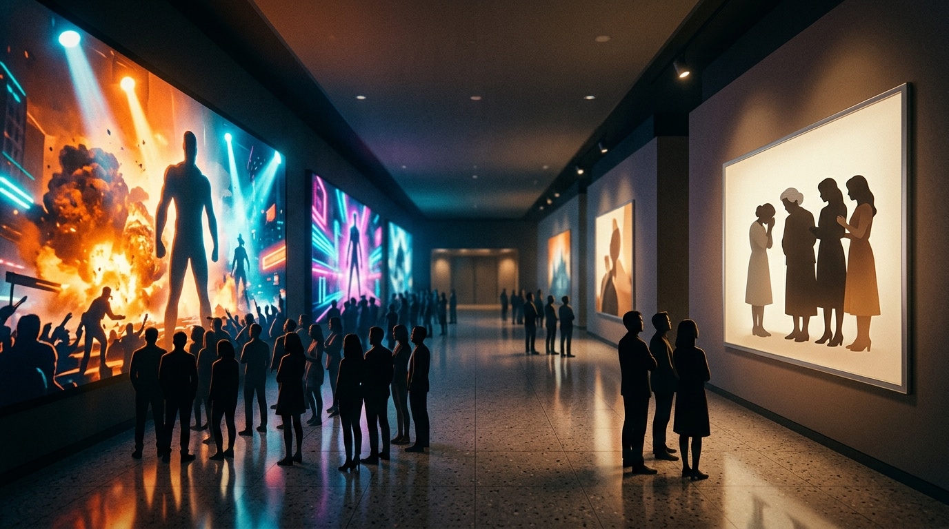 Cinema lobby showing blockbuster screens beside an intimate independent film display
