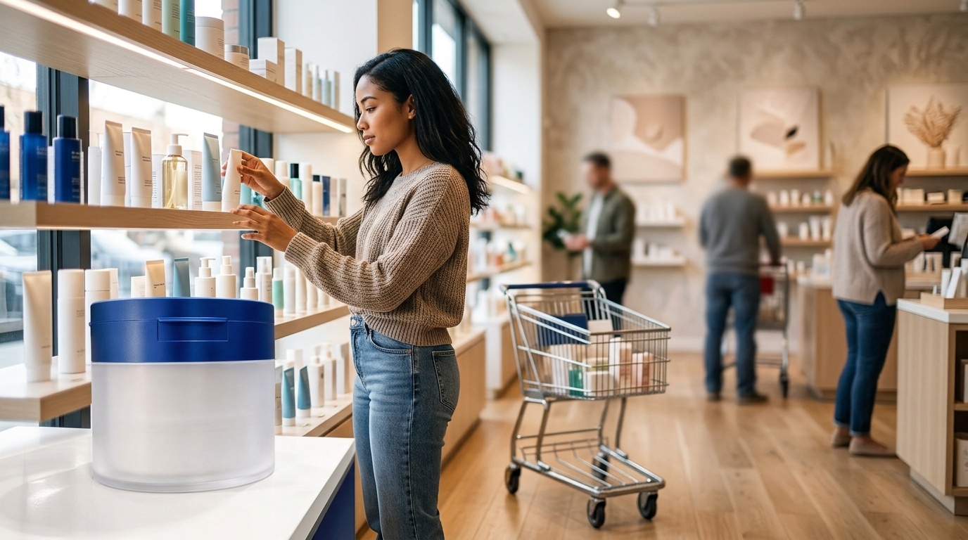 Woman browsing Korean skincare products on a US retail store shelf