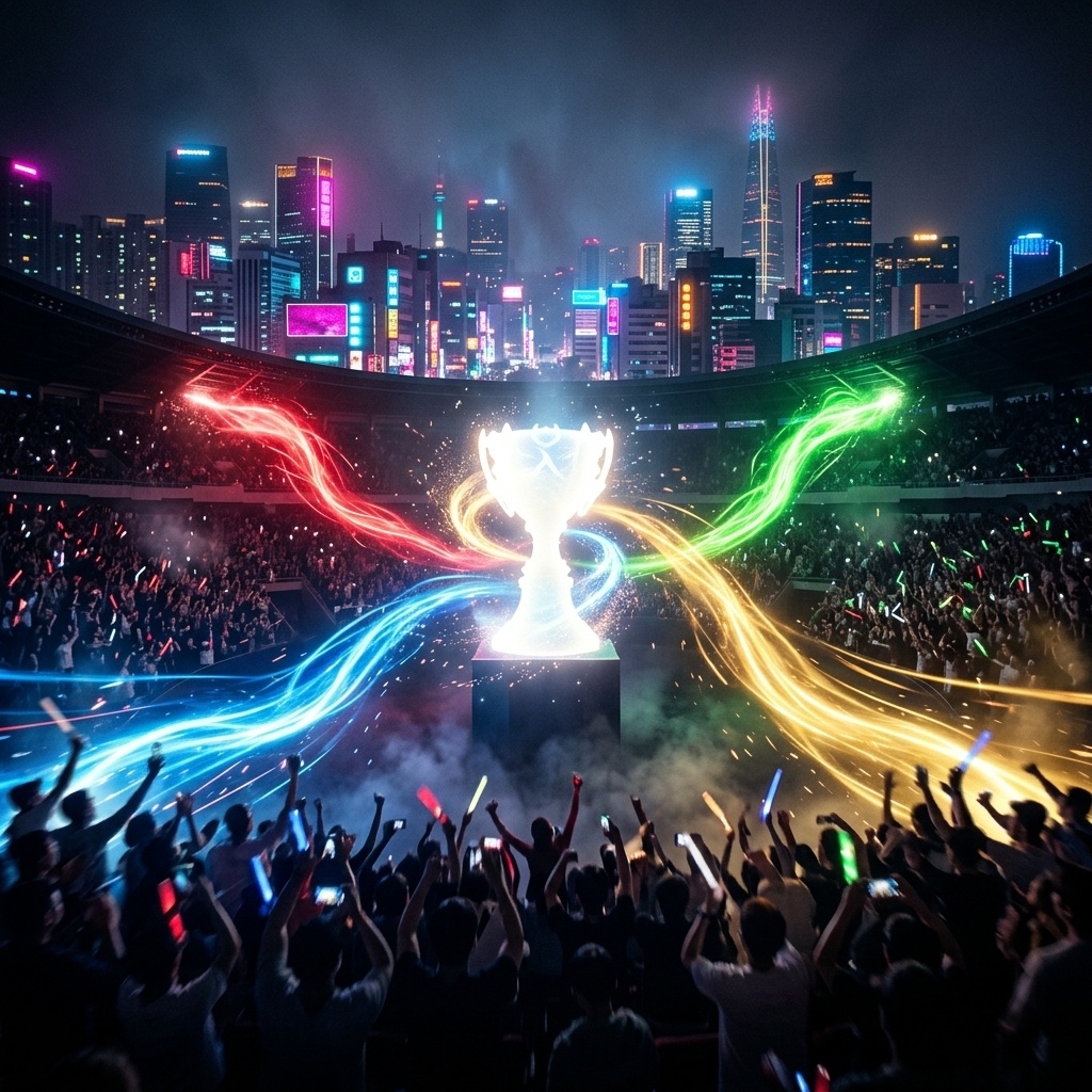 Four esports team colors converging toward a championship trophy