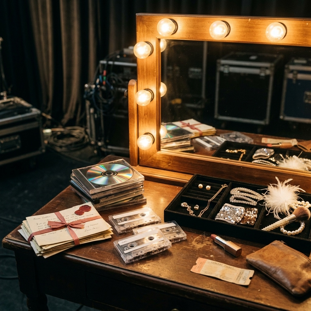 Vintage K-pop nostalgia still life with CDs and fan letters