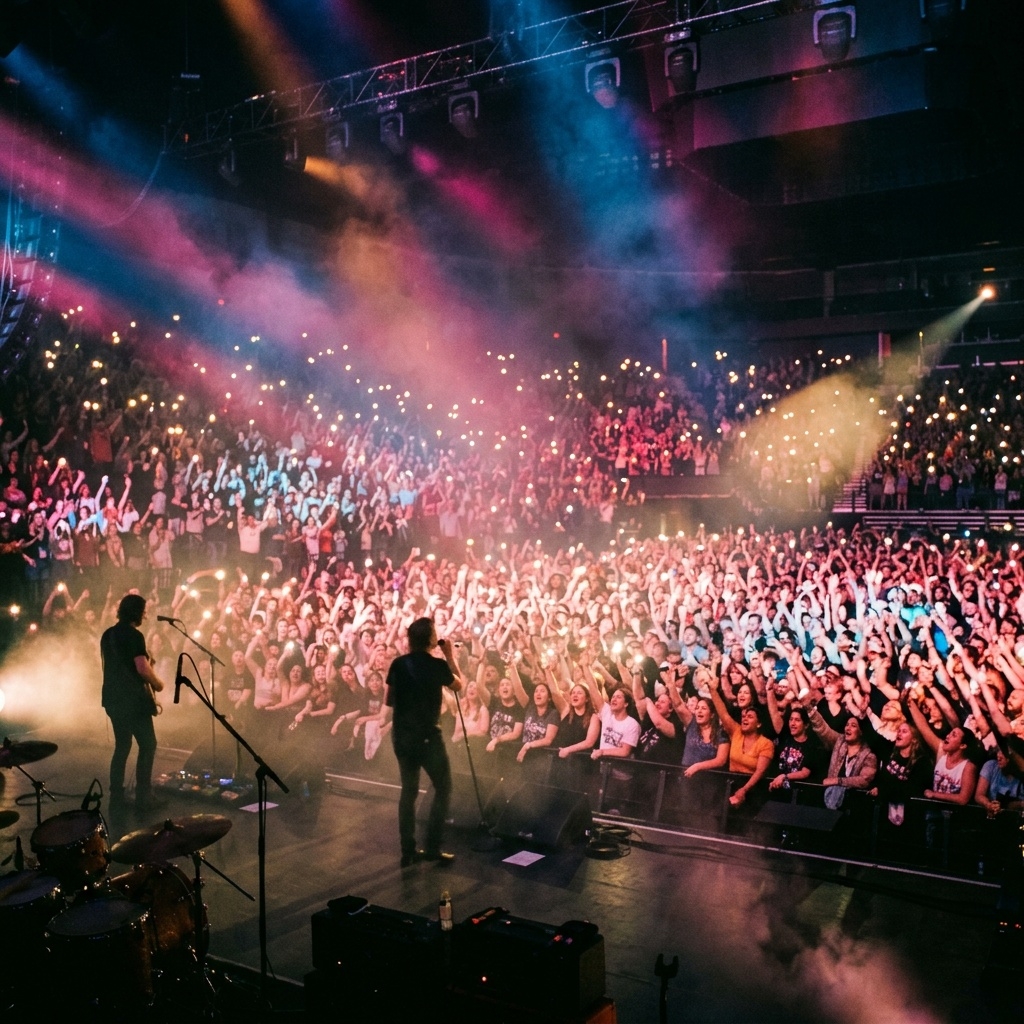 Concert crowd holding lightsticks at a reunion performance