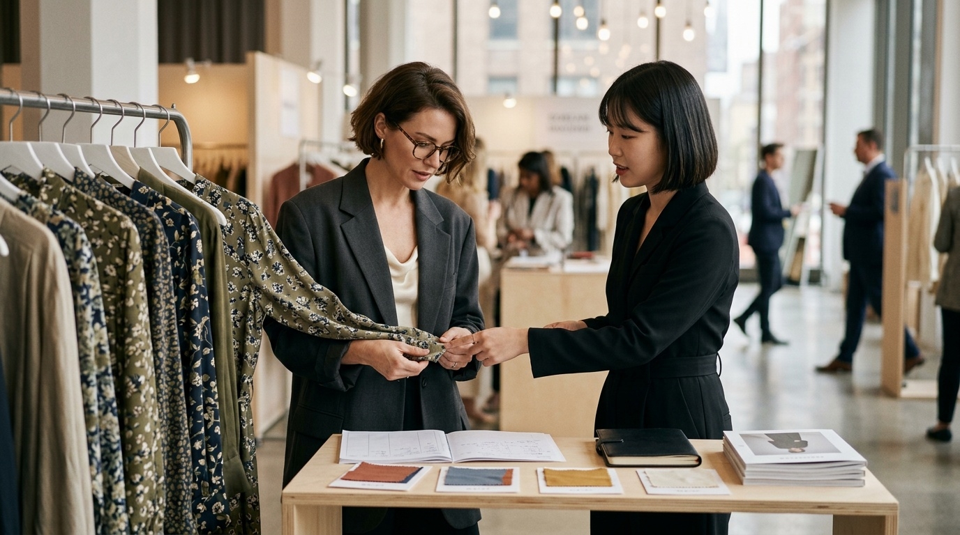 An international fashion buyer examining a Korean womenswear garment