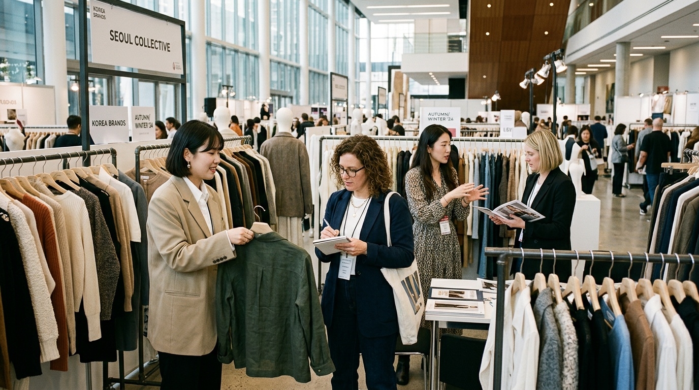 Korean womenswear designers meeting North American retail buyers at a trade show pavilion