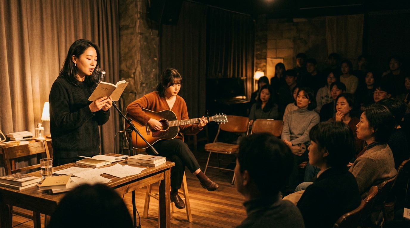 An intimate poetry performance in a small Korean theater
