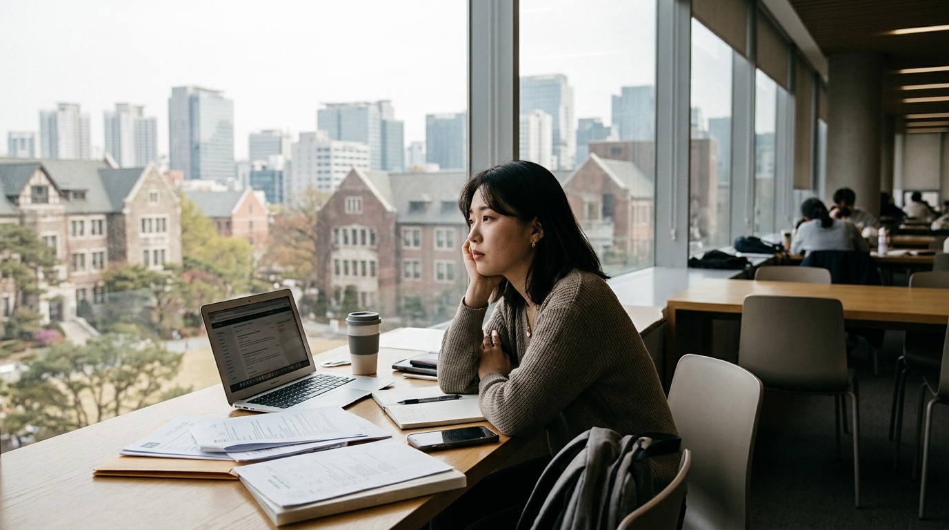 A young South Korean job seeker at a desk with a laptop and application documents