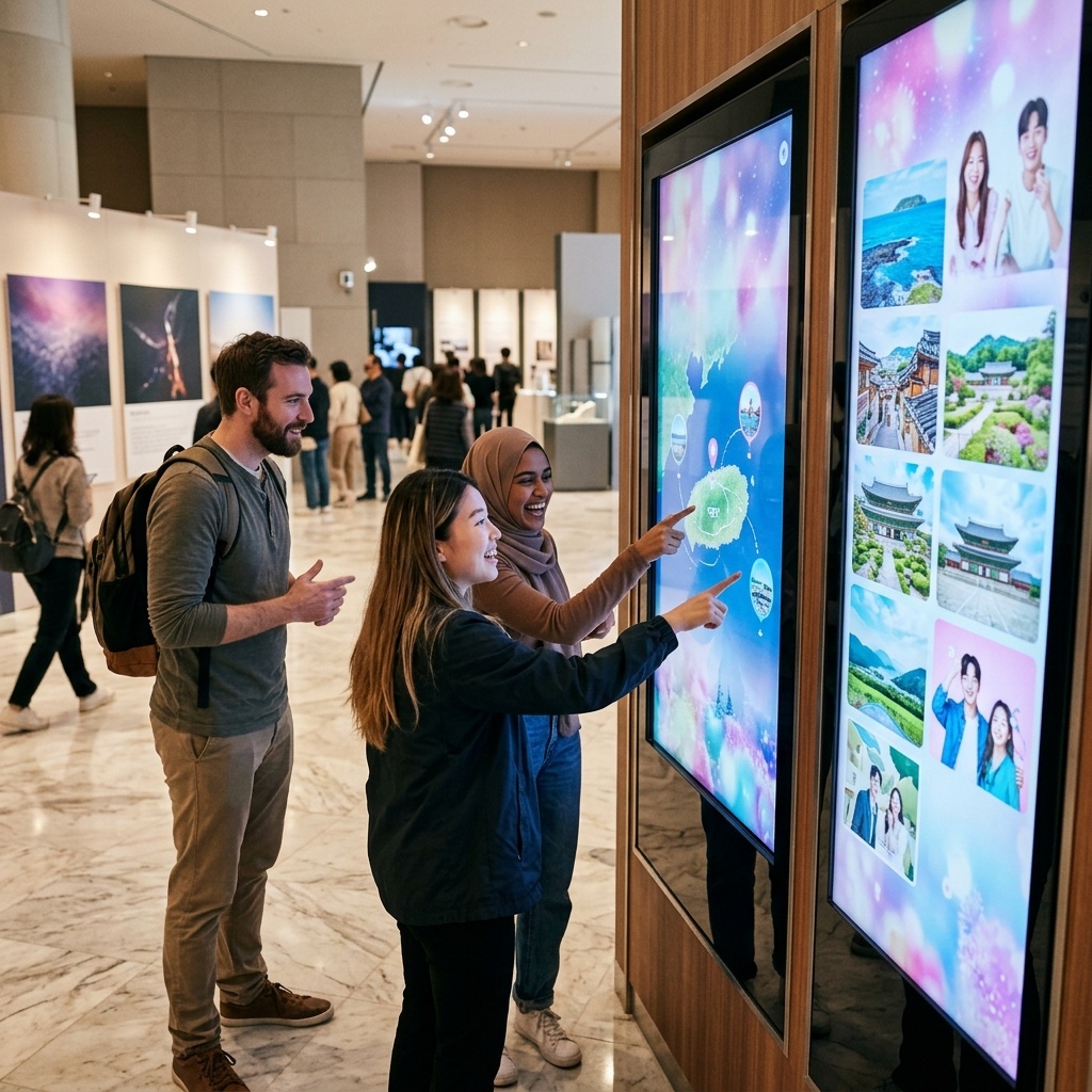 Visitors at an interactive K-drama travel kiosk in Seoul