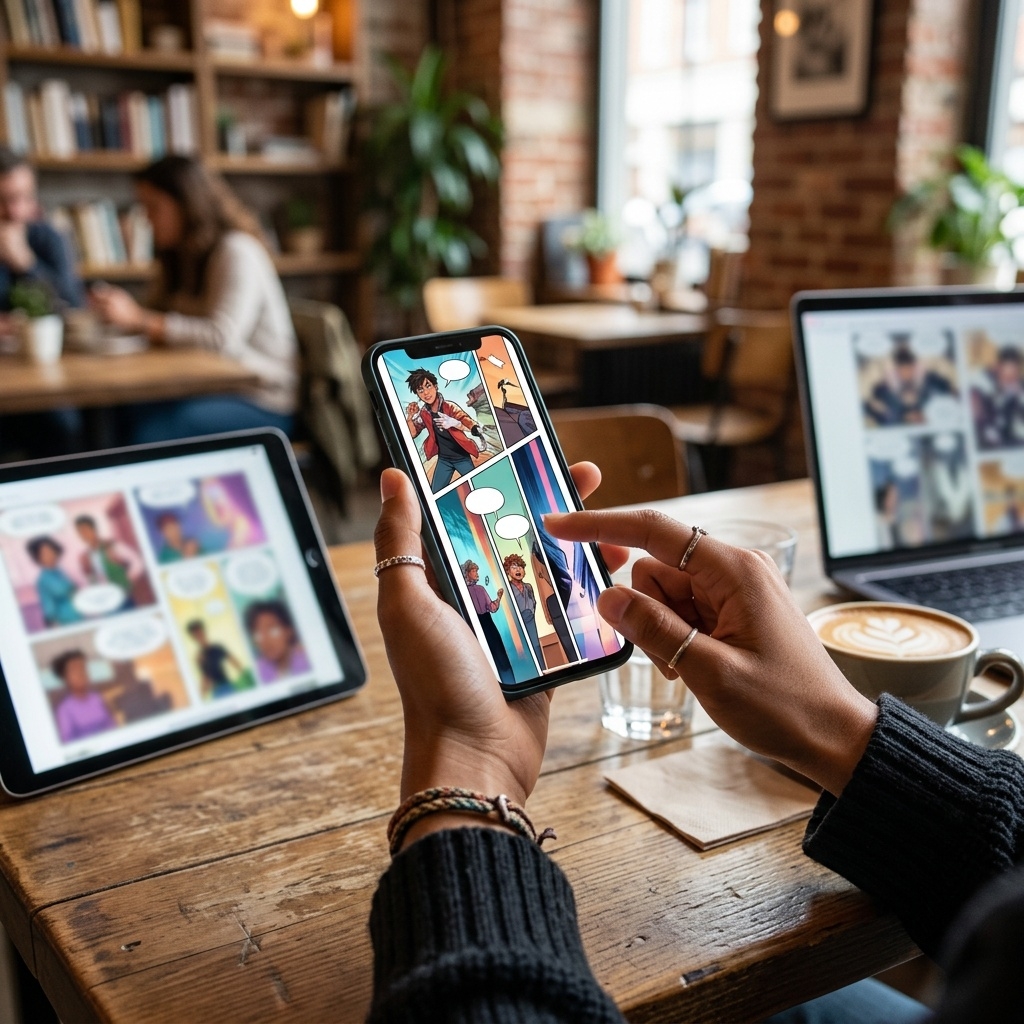 Reading a webtoon on a smartphone in a cafe