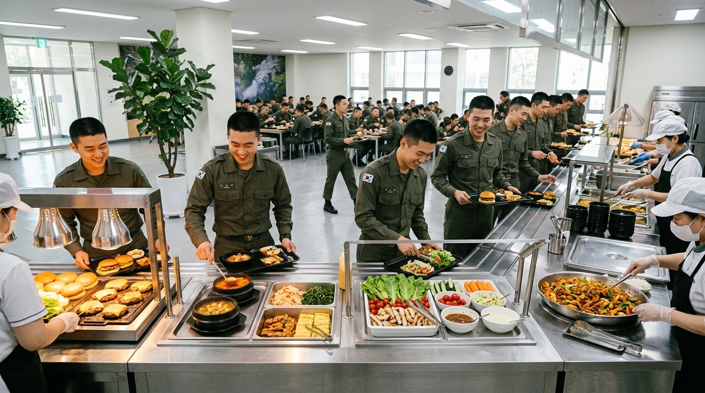 A Korean military cafeteria offering multiple meal choices to soldiers