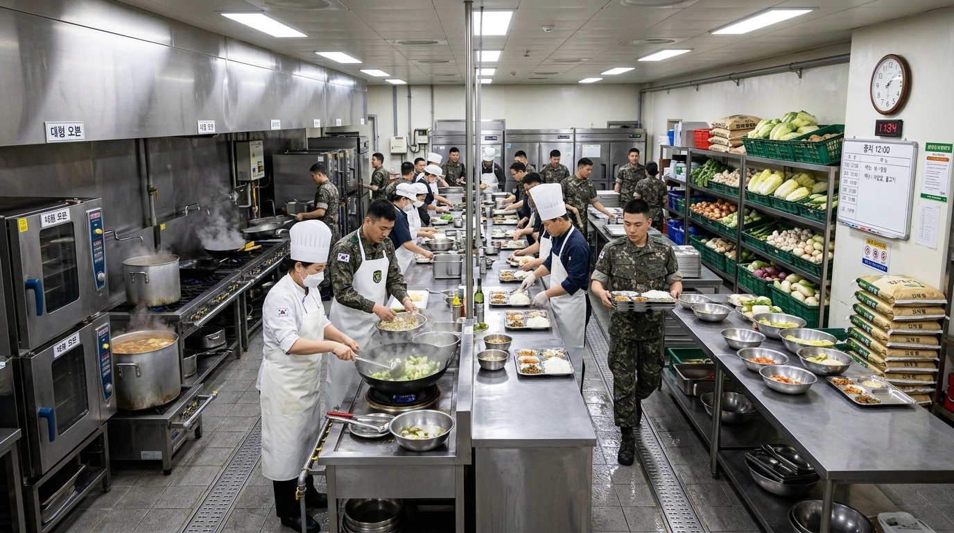 Military food service staff preparing meals in a large institutional kitchen