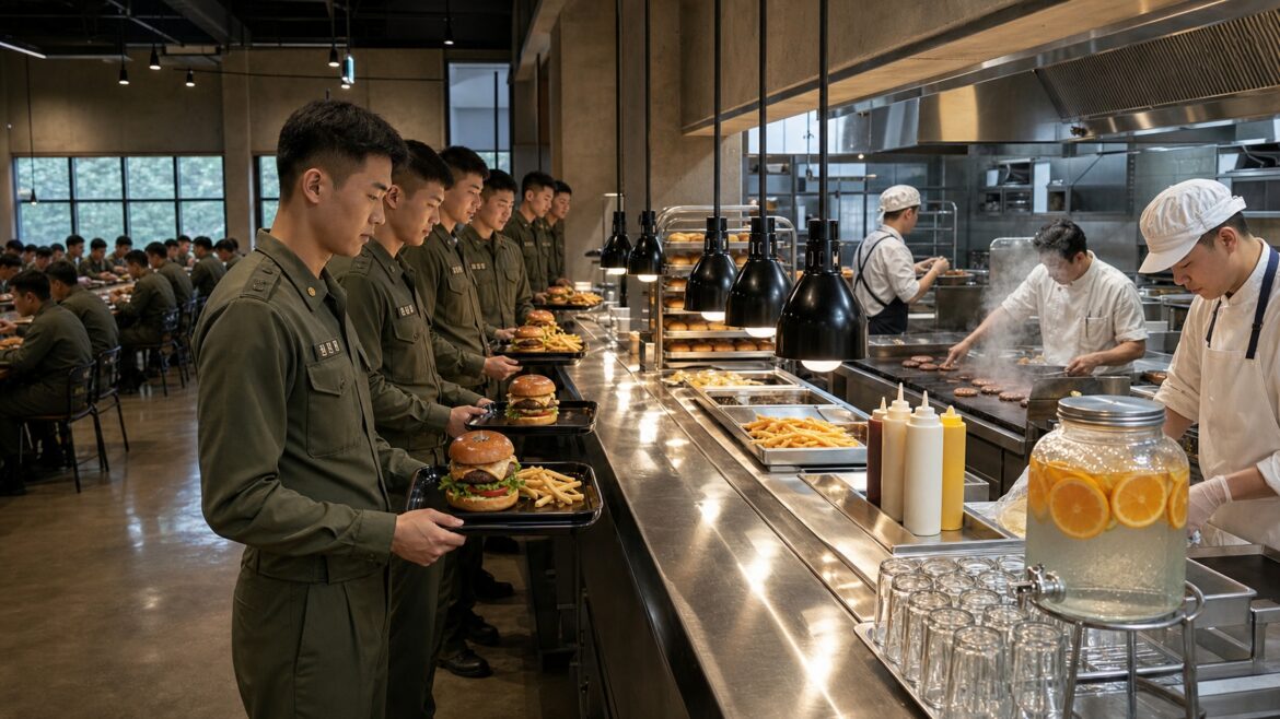 Soldiers choosing meals at a modernized Korean military mess hall
