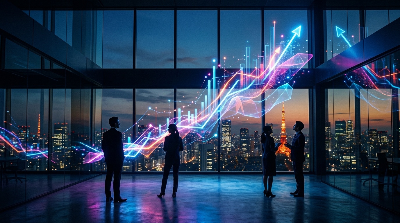 Business professionals observing Japan digital advertising growth with Tokyo skyline