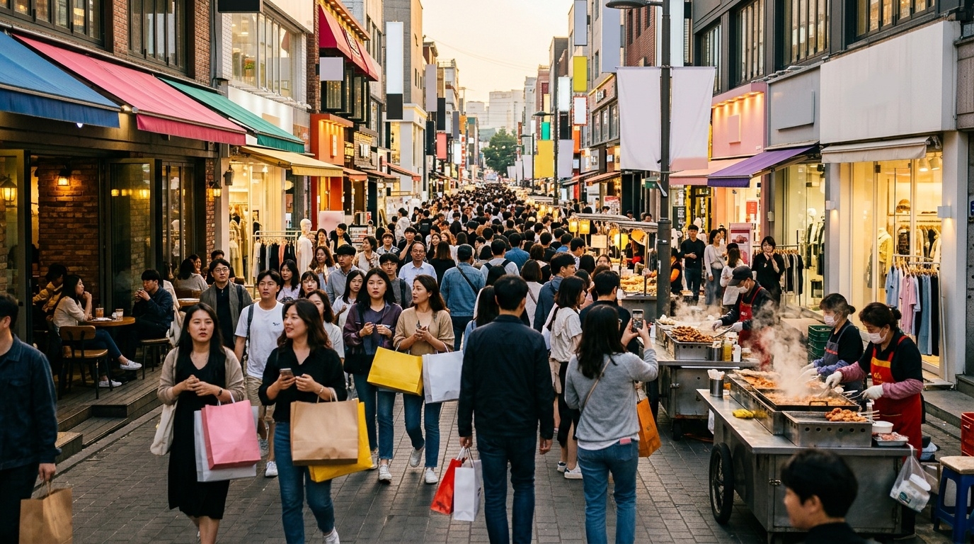 International travelers shopping in a busy Seoul district