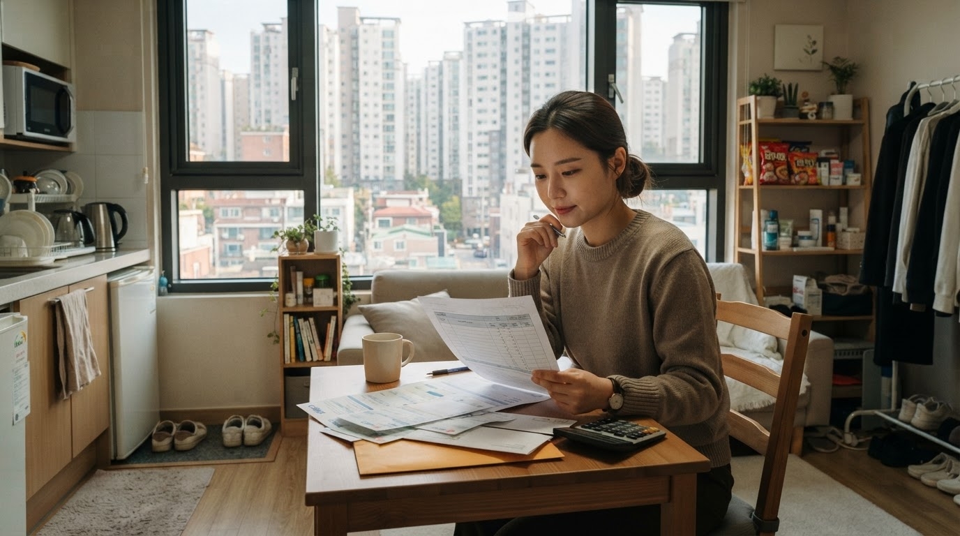 Single Korean renter reviewing rent and bills in small apartment