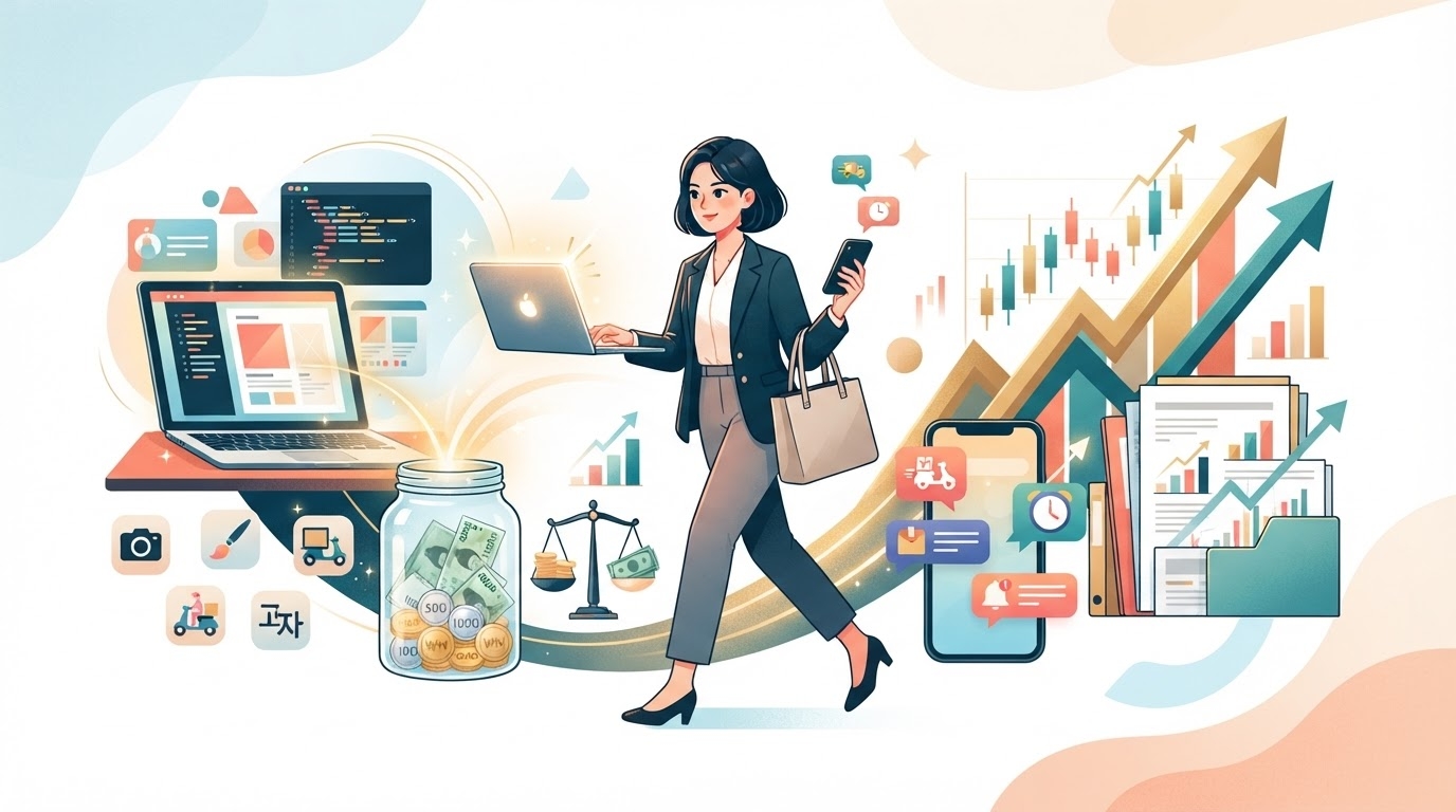 Korean solo worker managing side hustles and investments