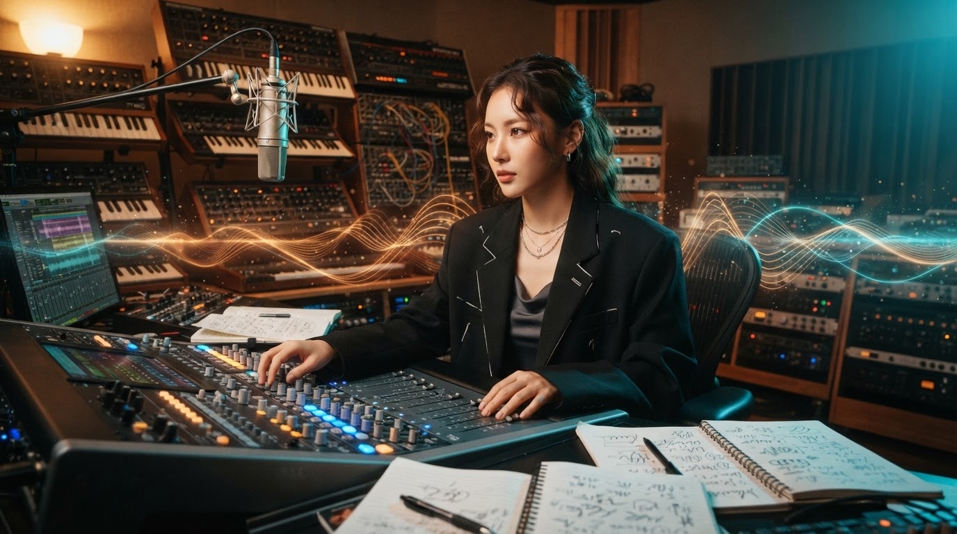 Soyeon in the recording studio producing her solo album