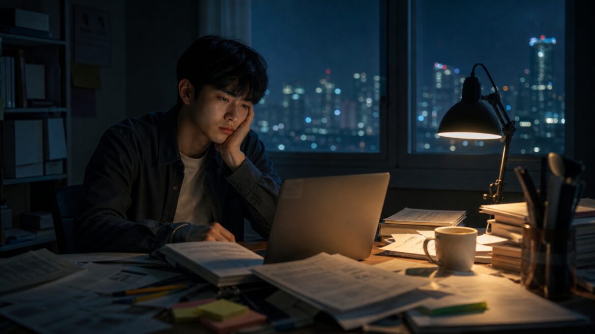 Young South Korean job seeker experiencing burnout at desk late at night