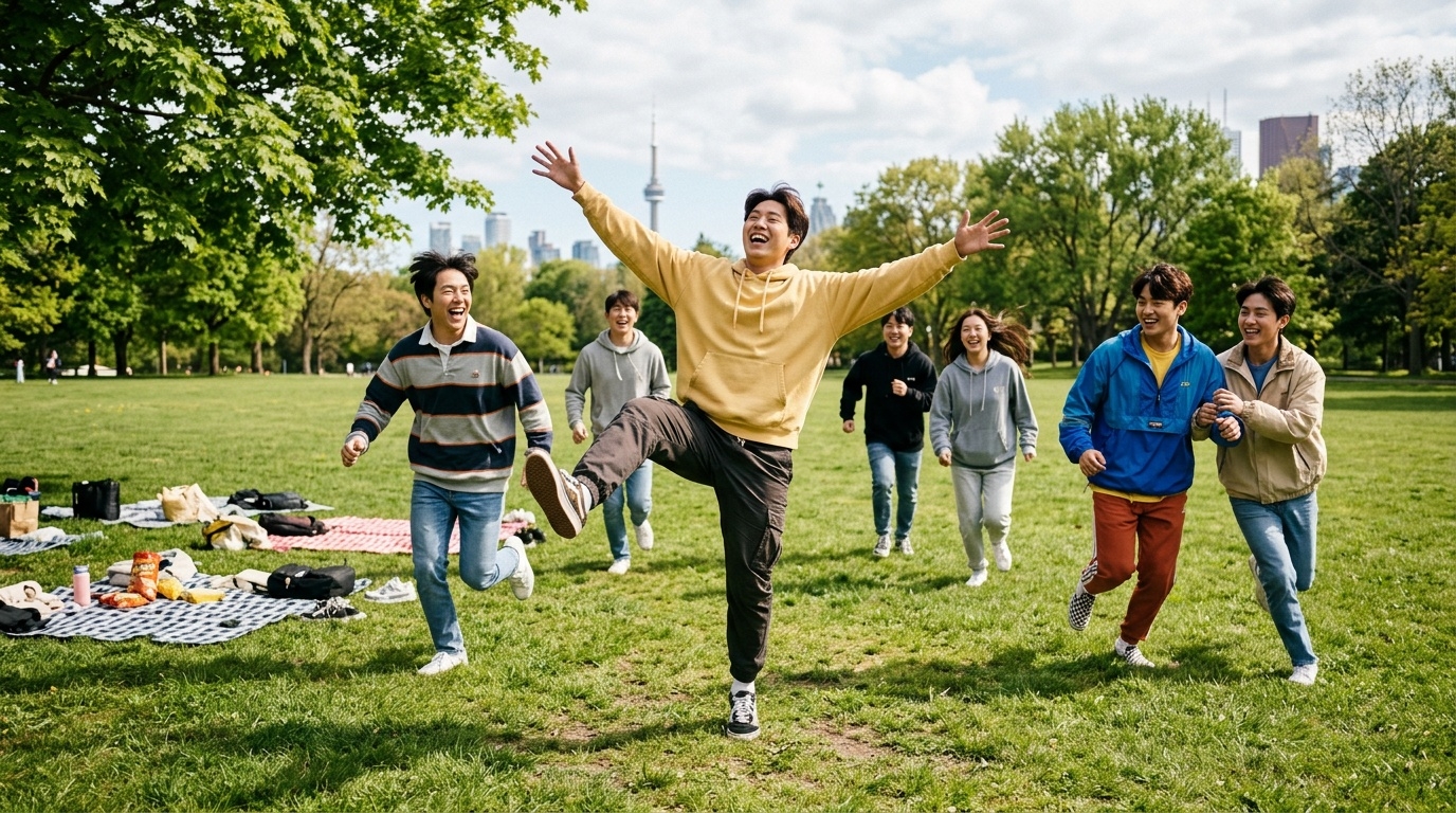 BTS members playing freeze tag game in Toronto park