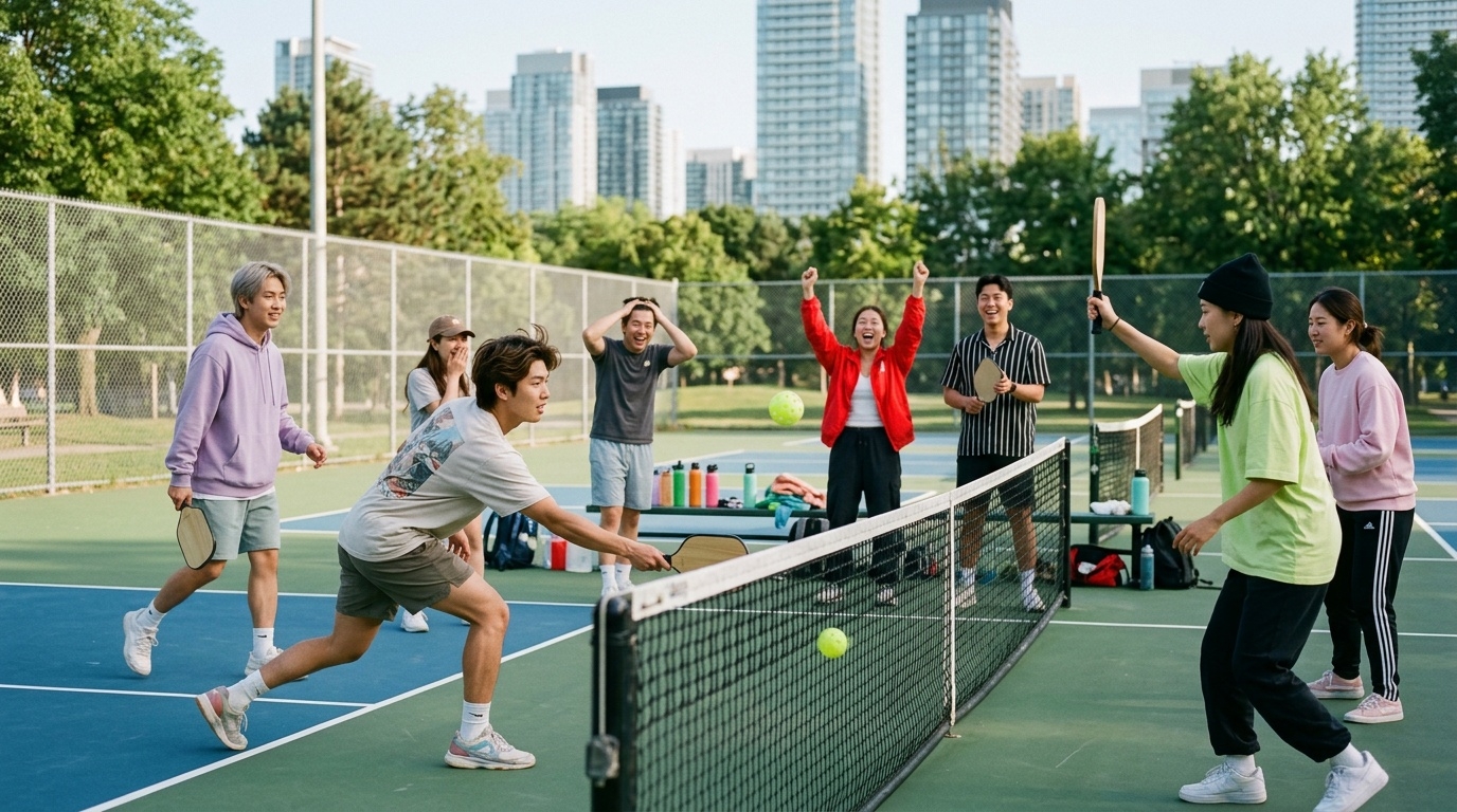 BTS members playing doubles pickleball rally