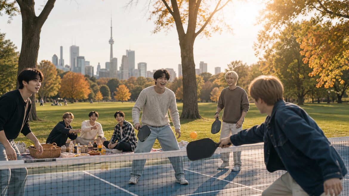 BTS members playing pickleball in Toronto park