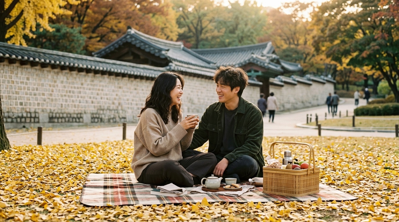 Korean couple picnic near palace stone wall in autumn