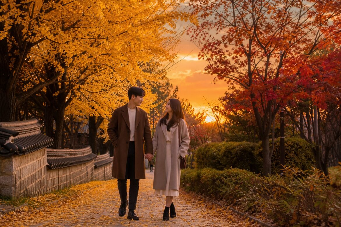 Korean couple walking hand in hand through autumn ginkgo trees