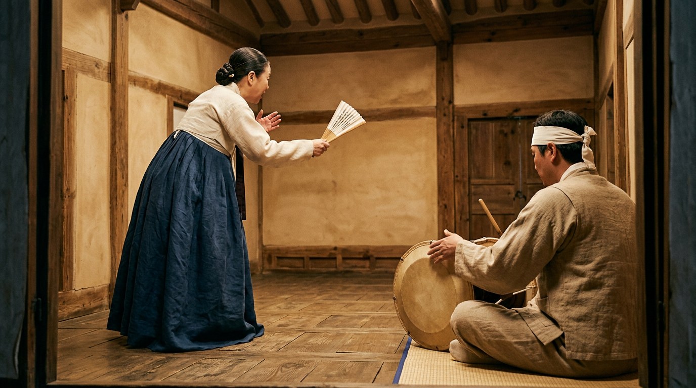Pansori singer with a fan and a drummer in a traditional wooden room