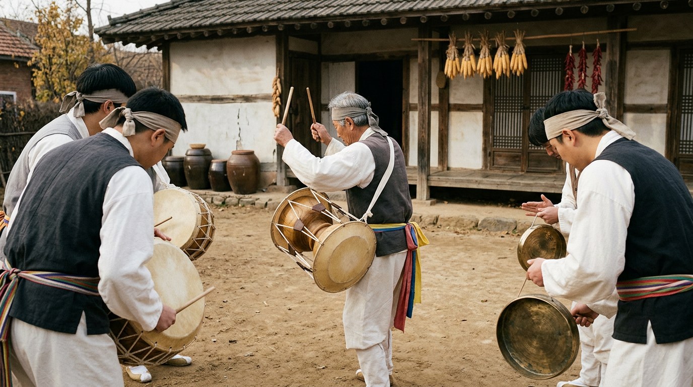 Nongak musicians with janggu drums and gongs in a village courtyard