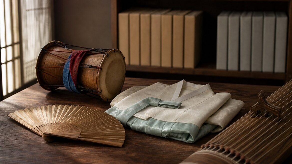 Janggu drum, folded hanbok, folding fan and gayageum on a wooden table
