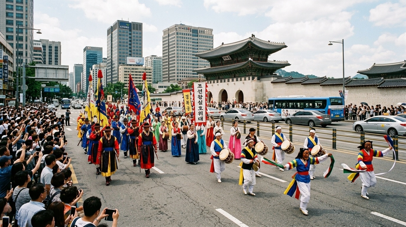 Royal procession departing Gyeongbokgung Palace with Bongsan Talchum dancers