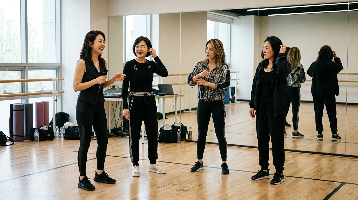 Veteran K-pop performers rehearsing for comeback