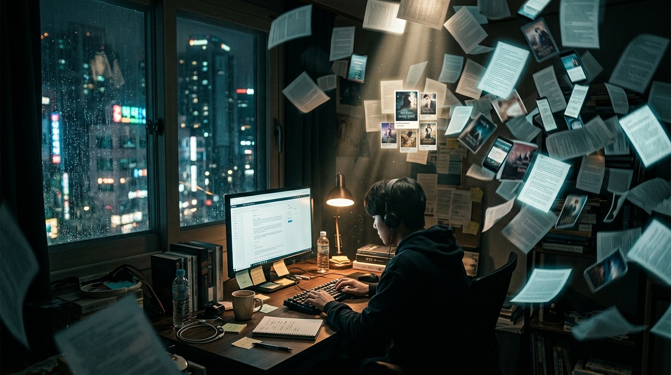 Web novel writer working late surrounded by manuscripts