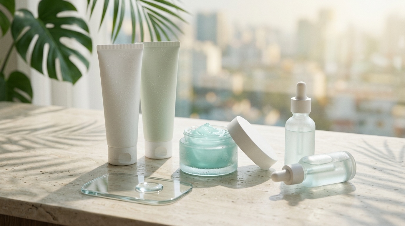 Korean skincare products arranged for hot humid climate collection