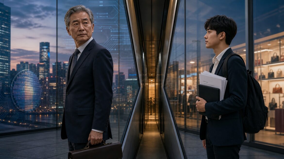 Older and younger Korean workers at office entrance
