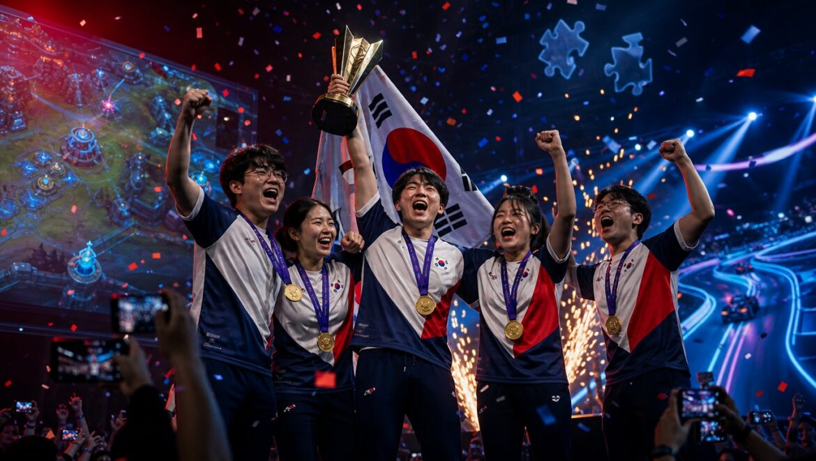 South Korean esports team celebrating Asian Games victory