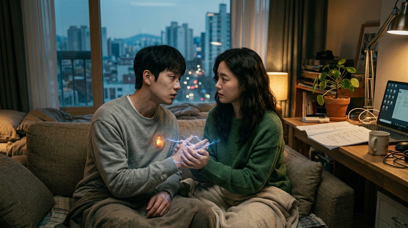 Charge Me romantic scene with electric current between hands