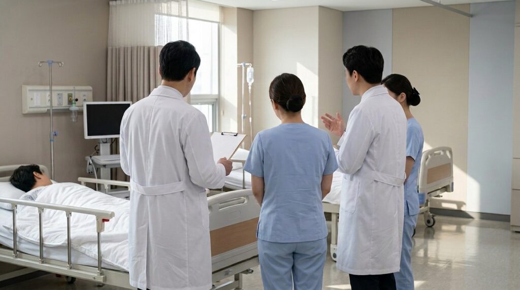Doctors and nurses seen from behind discussing a patient during bedside rounds in a hospital room