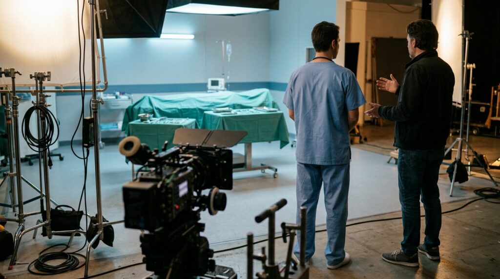A medical adviser and a director talking on a hospital drama set beside a cinema camera
