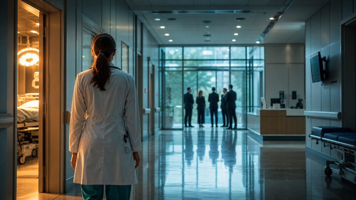 A surgeon seen from behind in a hospital corridor facing a group of administrators beyond glass doors